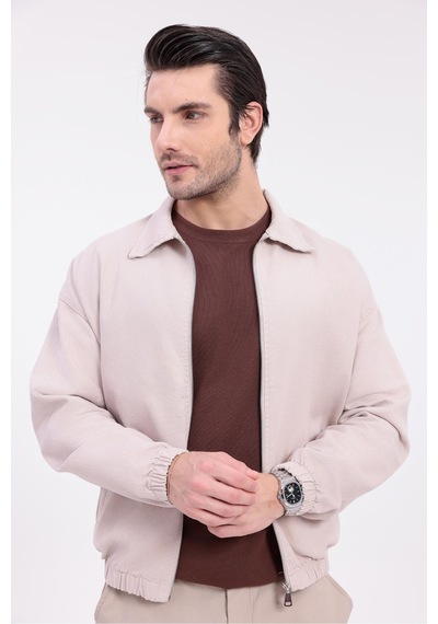 Erkek Gabardin Kumaş Fermuarlı Oversize Mevsimlik Ceket-144 Bej