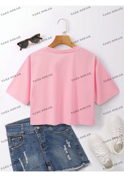 Flood Of Style Crop Ckod-232913 Eyfel Kulesi Yazılı Baskılı Kısa Pembe