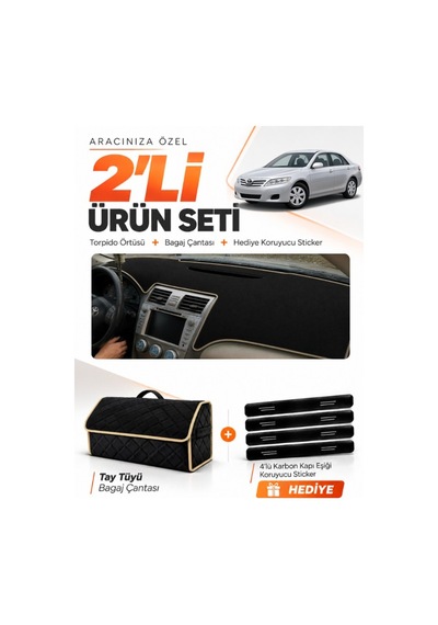 E-biz Toyota Camry 2006-2012 Uyumlu Torpido Örtüsü + Tay Tüyü Bagaj Çantası - Siyah-bej - To007