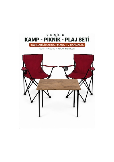 2 Sandalyeli Katlanır Kamp Masa Sandalye Seti 60x45 Cm 3 Parça Bordo