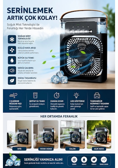 Taşınabilir Işıklı 5 Spreyli Vantilatör Buzlu Buharlı Vantilatör Mini Fan Nemlendirici Buharlı 600