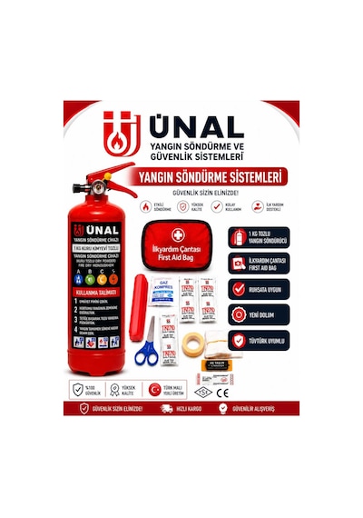 Yangın Söndürme Tüpü Seti 1 Kg Kuru Kimyevi Tozlu Yangın Söndürücü + İlk Yardım Çantası
