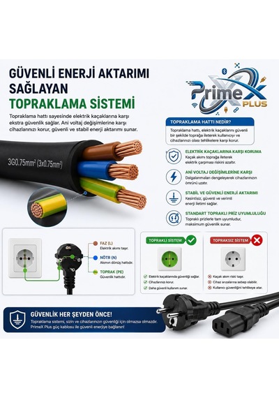 Primex Px-pwr15 1.5 Metre Pc Power Supply Güç Kablosu, 3x0.75mm Full Bakır Psu Power Kablo, Bilgisayar Kasa Monitör Yazıcı Ups Ve Uyumlu Elektronik Cihazlar İçin Standart Güç Kablosu