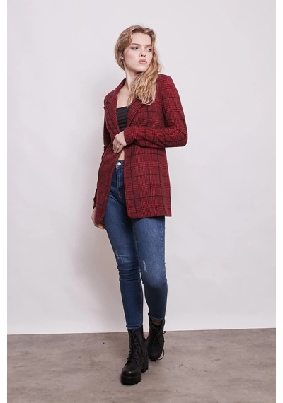 Ekose Desenli Yakalı Uzun Kol Tek Düğme Yünlü Kumaş Blazer Ceket-bordo Ekose Bordo Eks.