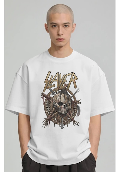 Slayer Rock Metal Müzik Grubu Baskılı Unisex Oversize Premium Tiş Beyaz