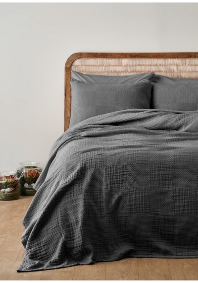 Bella Maison %100 Pamuk Liva Jakarlı Çift Kişilik Yatak Örtüsü Seti Antrasit 240x260 Cm Antrasit