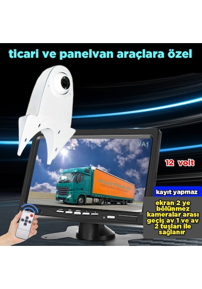 Panelvan Araç Uyumlu 7'' Ekran 1 Beyaz Tepe Kamera Kayıtsız 12 V