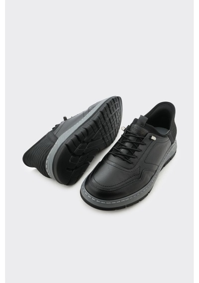 Derinet Hakiki Deri Lastik Bağcıklı Erkek Sneaker Siyah Siyah