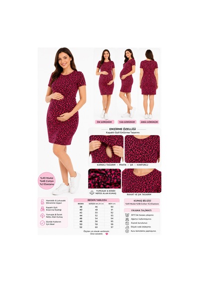 Meghan L.a Modal Pamuk Hamile & Lohusa Emzirme Özellikli Fuşya Leopar Desenli Elbise
