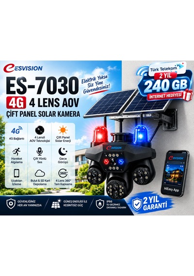 Esvısıon Es-7030 4g Çift Solar Panelli 4 Lensli Akıllı Güvenlik Kamerası Yanında 2 Yıl 240 Gb İnternet