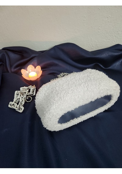 Shine, Beyaz Simli, Handmade, Teddy, Burslu, Kadın El Çantası Beyaz - Gümüş
