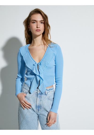 Koton Crop Triko Hırka Fırfırlı V Yaka Bağlama Detaylı Mavi 4sak90107ht Mavi