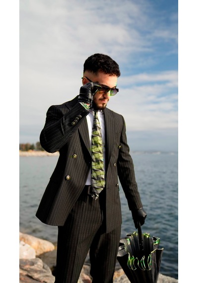 Dupont Classics Dupont Erkek Slim Fit 6 Drop Çizgili Kruvaze Viskon Çift Yırtmaç Takım Elbise Siyah