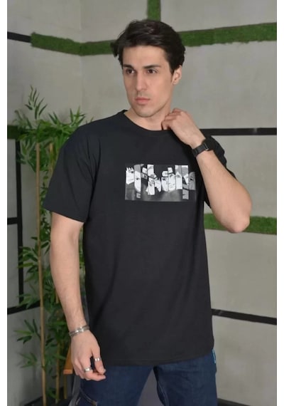 Assema Erkek Bisiklet Yaka Baskılı Kısa Kol Oversize T-shirt - Siyah Çok Renkli