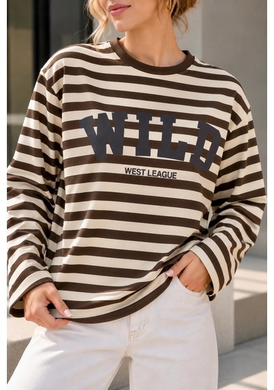 Bbbutikbasic Wild Baskılı Çizgili Uzun Kollu Kadın Sweatshirt My3535 Kahverengi