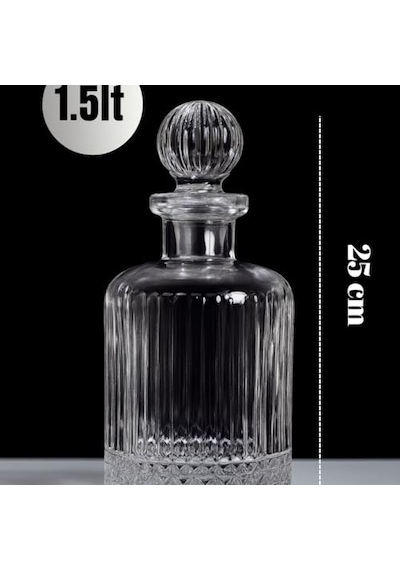 Litre Çizgili Desenli Cam Sürahi Karaf Kapaklı 25 Cm Şık Ve Dayanıklı Su Ve Meyve Suyu Şişesi