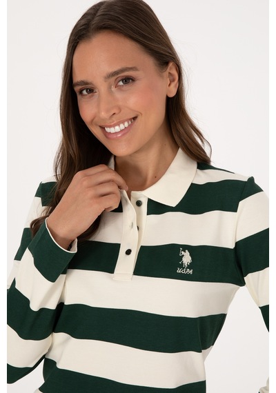 U.S. Polo Assn. Kadın Koyu Yeşil Çizgili Polo Yaka Sweatshirt 50314207-VR079