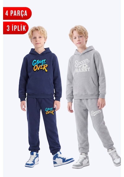 Fyk Kids 3 İplik Baskılı Kışlık Kanguru Cepli Kapüşonlu Erkek Çocuk 2'li Eşofman Takımı 4 Parça Lacivert-gri