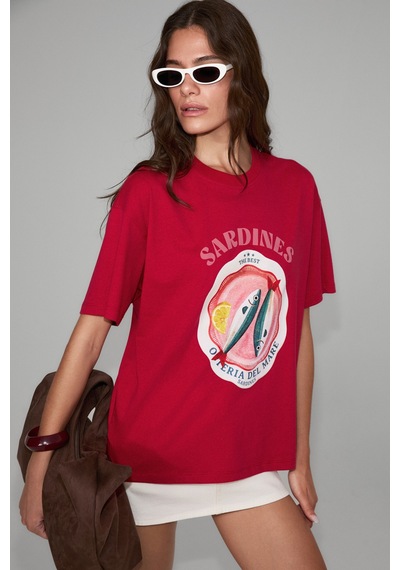 Grımelange Sardı Kadın Yumuşak Kumaşlı %100 Organik Pamuklu Baskı Detaylı Kırmızı T-shirt Grımelange Sardı Kadın Yumuşak Kumaşlı %100 Organik Pamuklu Baskı Detaylı Kırmızı T-shirt