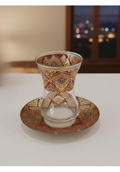 Topkapı 6 Kişilik Çay Seti, French Press Hediyeli, 9 Farklı Osmanlı Desenli Çay Bardağı Takımı 6, Topkapı Gold Çok Renkli