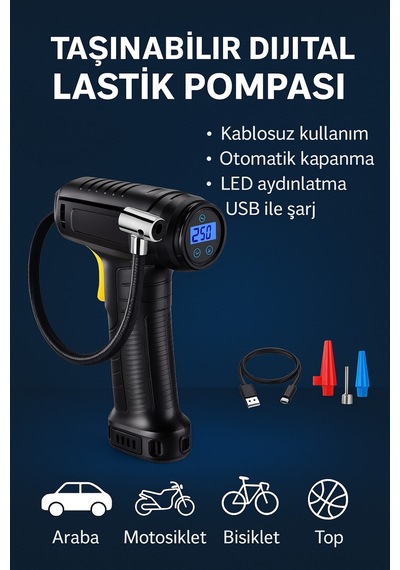 Şarjlı Dijital Hava Kompresörü 150 Psı Lcd Ekran, Led Işık, Type-c, 3600 Mah Araba Lastik