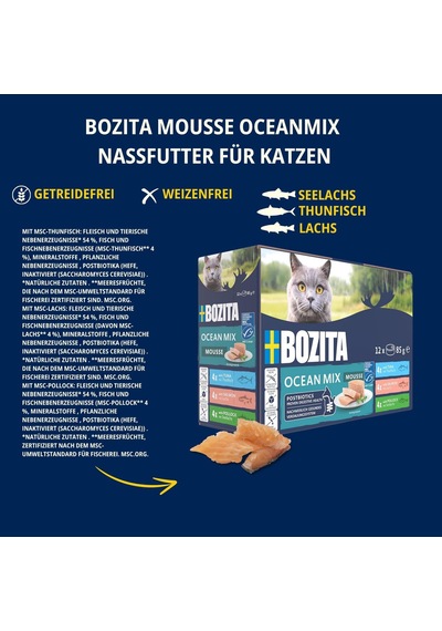 Ocean Mix Foam - Küçük Dozlarda Gurme Kedi Maması 12 X 85 G - Sağlıklı Bağırsak Florasını Desteklemek İçin Postbiyotiklerle Ton Balığı, Somon Ve Somon