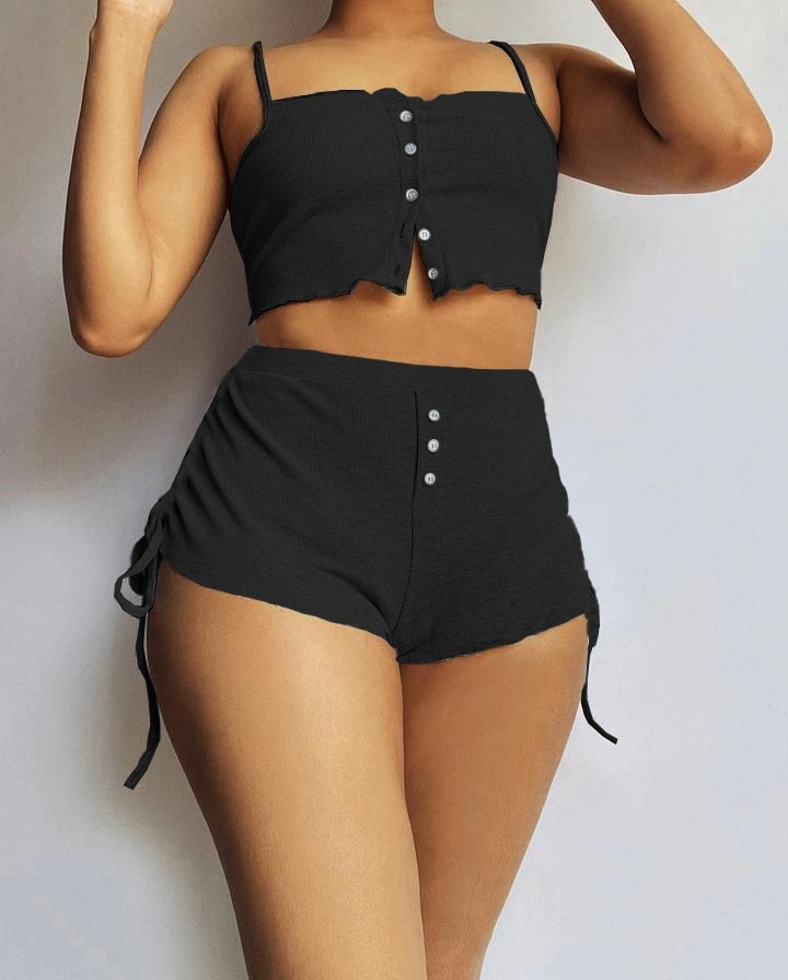 Dogutrend Kadın Ip Askılı Crop Bluz Ve Yanlardan Büzgülü Ikili Kaşkorse Short Takım Siyah