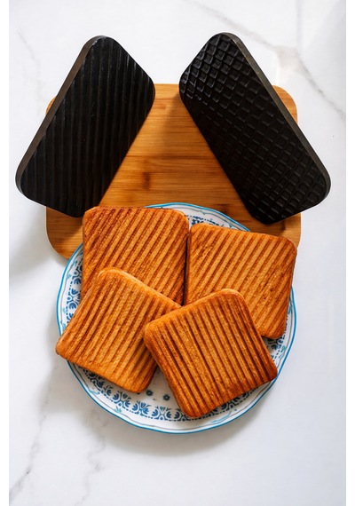 Oluk Desenli Döküm Demir Et Mühürleme & Burger Pres, Piknik Tost Uyumlu, Ahşap Sap - Model