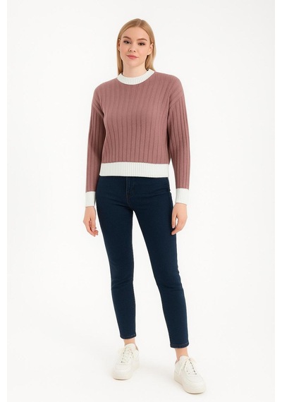 Hira Life Fashion Kadın Bisiklet Yaka Fitili Ve Şerit Detaylı Crop Triko Kısa Kazak Gül Gül Hira Life Fashion Kadın Bisiklet Yaka Fitili Ve Şerit Detaylı Crop Triko Kısa Kazak Gül Gül