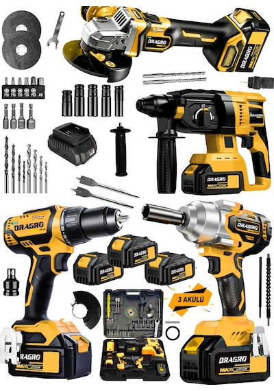 Dragro Alman DRG-999VF 20 AH 4'lü Set Akülü Şarjlı Vidalama + Somun Sökme + Taşlama + Kırıcı Delici Set S