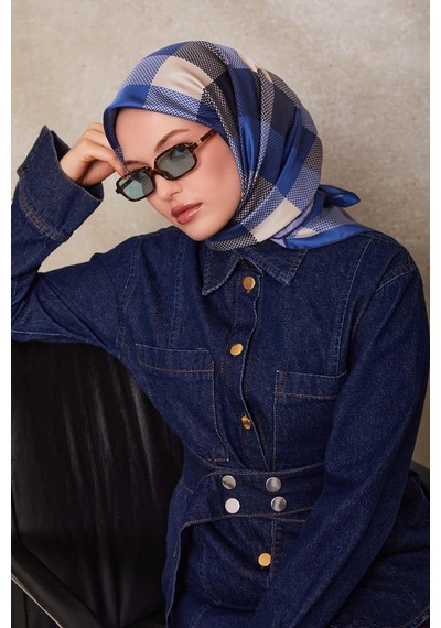 Levidor Noktalı Kareli Bask. Twill İpek Eşarp-0934 Saks