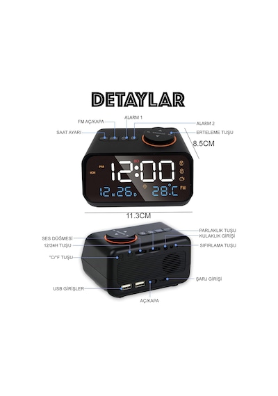 Hymark Dekoratif Led Dijital Saat Fm Radyo 2 Alarm Sıcaklık Ve Nem Göstergeli Şarjlı Pilli Saat Siyah