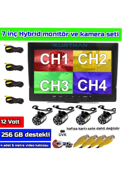 7 İnç Dvr Ekran Ve 4 Ad Beyaz Ledli Kelebek Kamera Set 12 Volt