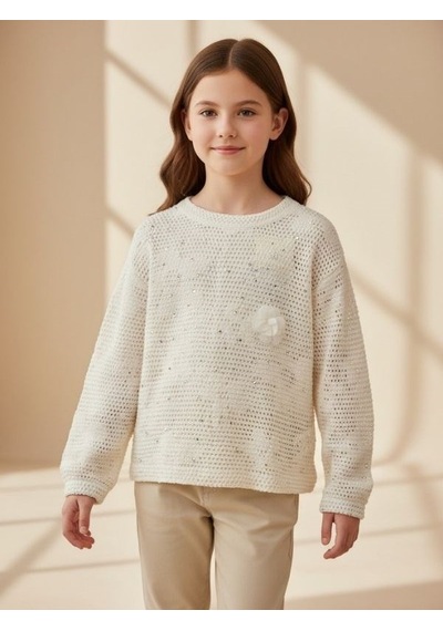 Zekids Kız Çocuk Ajur Desenli Şık Triko Tasarım Bluz-17142 Ekru