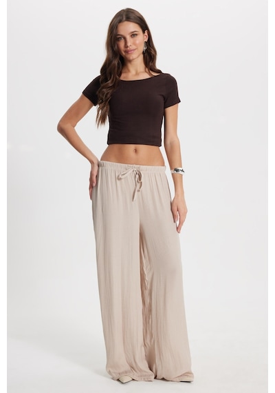 Tudors Kadın Relax Fit Rahat Kesim Beli Bağcıklı Lastikli Bol Paça Bej Pantolon-50751