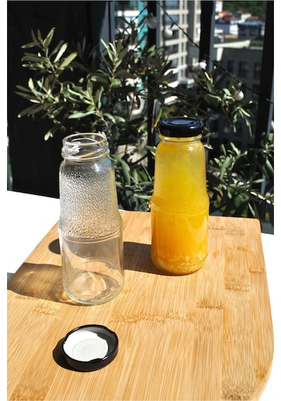 6 Adet 200 Ml Cam Meyve Suyu Şişesi Siyah Metal Kapaklı Ayran Süt Beslenme Şişe Şeffaf