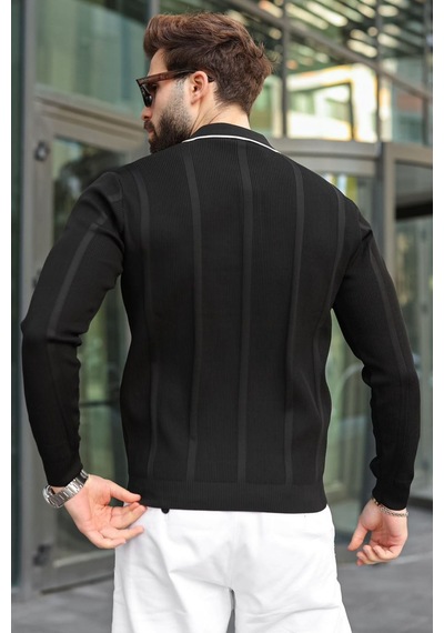 Madmext Siyah Polo Yaka Yarım Fermuarlı Fitilli Erkek Triko Kazak E7515