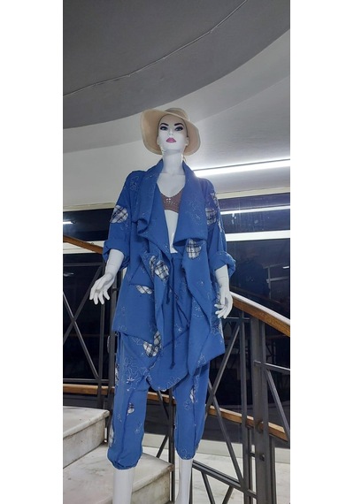 Boho Şalvar Pantolon Asimetrik Ceket Takım Mavi