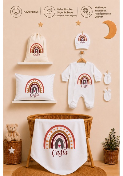 Pia Baby Kız Bebek Hastane Çıkışı 12 Parça %100 Pamuk İsme Özel Organik Baskılı Kese Hediyeli 100211kyx Ekru