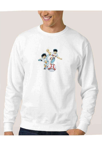 Captain Tsubasa Baskılı Beyaz Erkek Örme Sweatshirt