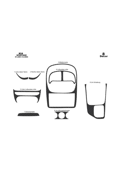 Kia Sportage Torpido Kaplama 2001-2005 8 Parça Karbon