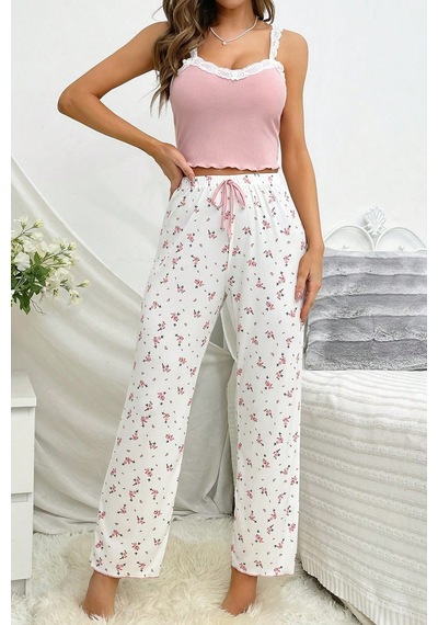 Merry See Askılı Şık Üstü Dantel İşlemeli Baskılı Pijama Takımı Çok Renkli