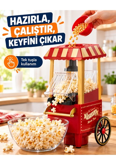 Nostaljik Arabalı Patlamış Mısır Makinesi Kırmızı