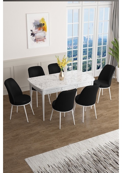 Canisa Han Serisi 70x114 Açılabilir Mdf Mutfak Masası Takımı Beyaz Mermer Desen Masa 6 Siyah Sandalye Masa Beyaz Mermer Desen Sandalye Siyah Canisa Han Serisi 70x114 Açılabilir Mdf Mutfak Masası Takımı Beyaz Mermer Desen Masa 6 Siyah Sandalye Masa Beyaz Mermer Desen Sandalye Siyah