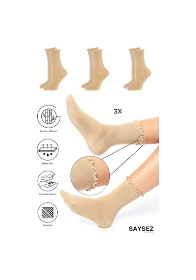 Saysez Bambu Kadın Lastiksiz Bej Fırfırlı Soket Dikişsiz Çorap 3'lü Paket / İz Bırakmaz / Sıkmayan Çorap Renkli