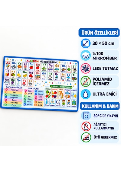3'lü Eğitici Baskılı Beslenme Örtüsü Seti 30 X 50 Cm, Okul Ve Anaokulu İçin, Yıkanabilir Ve Leke Tutmaz Cok Renkli