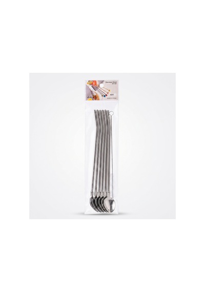 6'lı Kaşıklı Pipet Seti - Metal - Pipet Temizleme Fırçası Gri