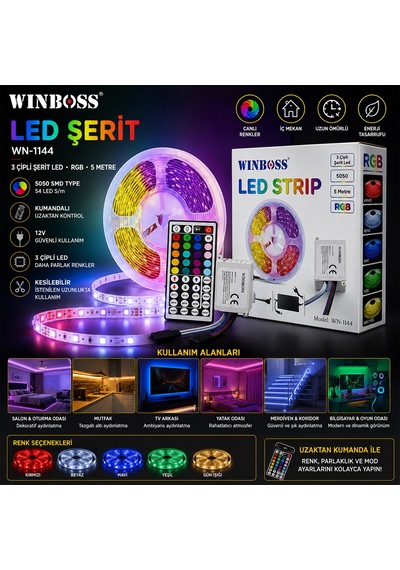 Kedi Yatakları Rgb 3çip Kumandalı Şerit Led 5mt