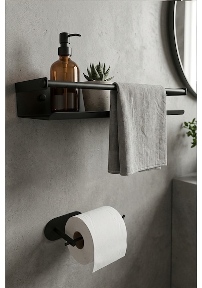 Zift Unique Paslanmaz Çelik Mat Siyah Yapışkan Montaj Banyo Rafı - Tuvalet Kağıdı Askısı Set