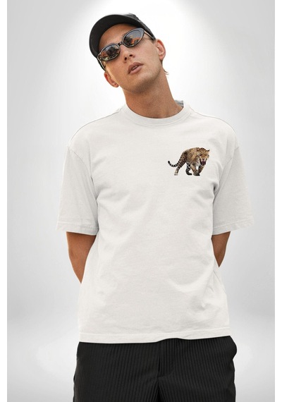 Jaguar Sırtından Çıkan Beyaz Oversize Unisex Ön Ve Sırt Baskılı Tişört Beyaz